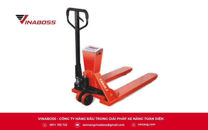 Xe nâng tay thấp tích hợp cân điện tử ngay trên càng nâng
